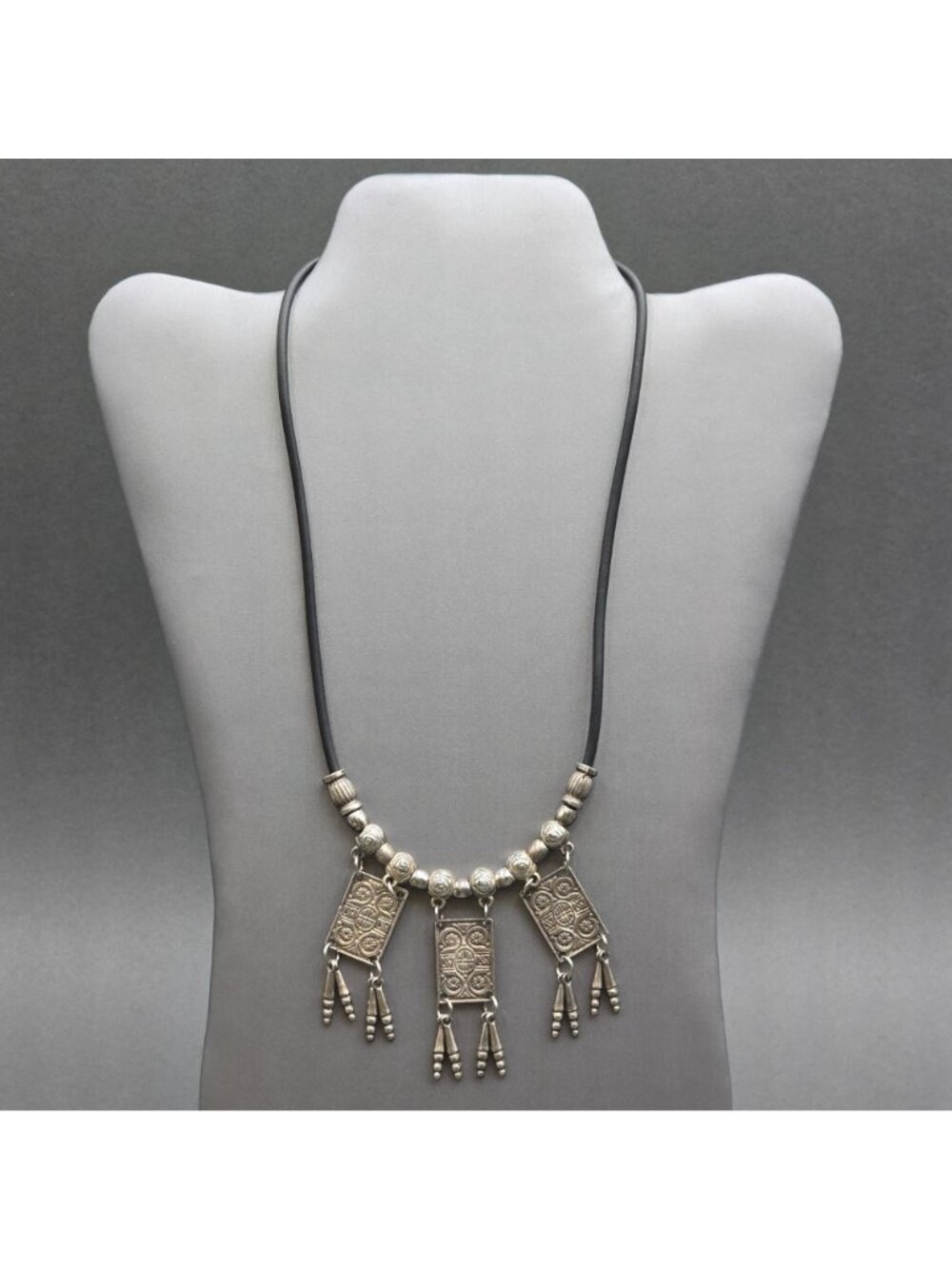 Vintage Tribal Panel Fringe Necklace Silver Tone Leather Cord Boho Statement - Picture 5 of 16